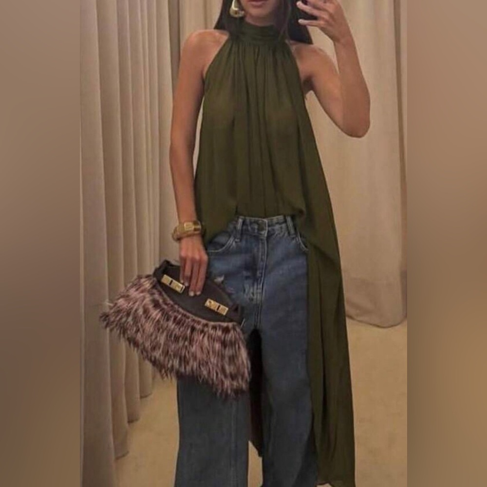 Tunic dress Top Olive Asymmetrical Sleeveless Draped Style long back small sm